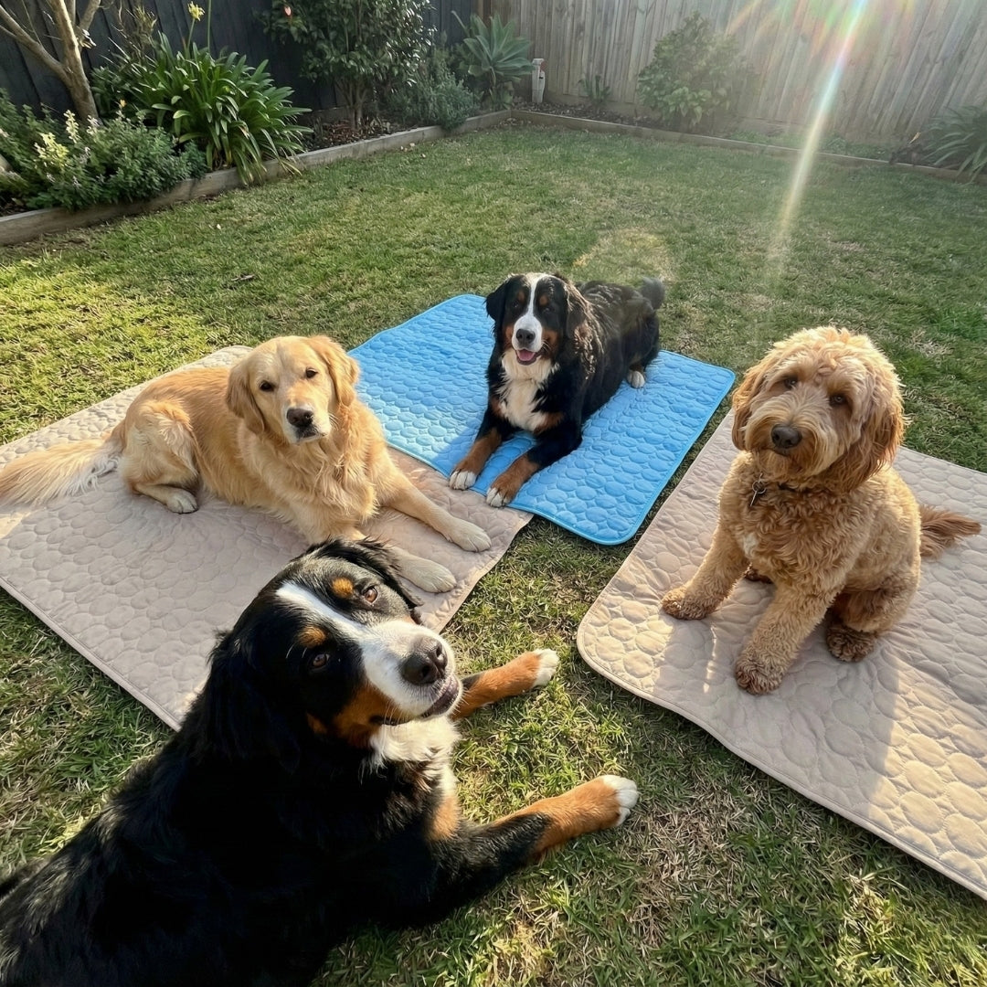 Four dogs relaxing on Chillapet cooling mats in the backyard