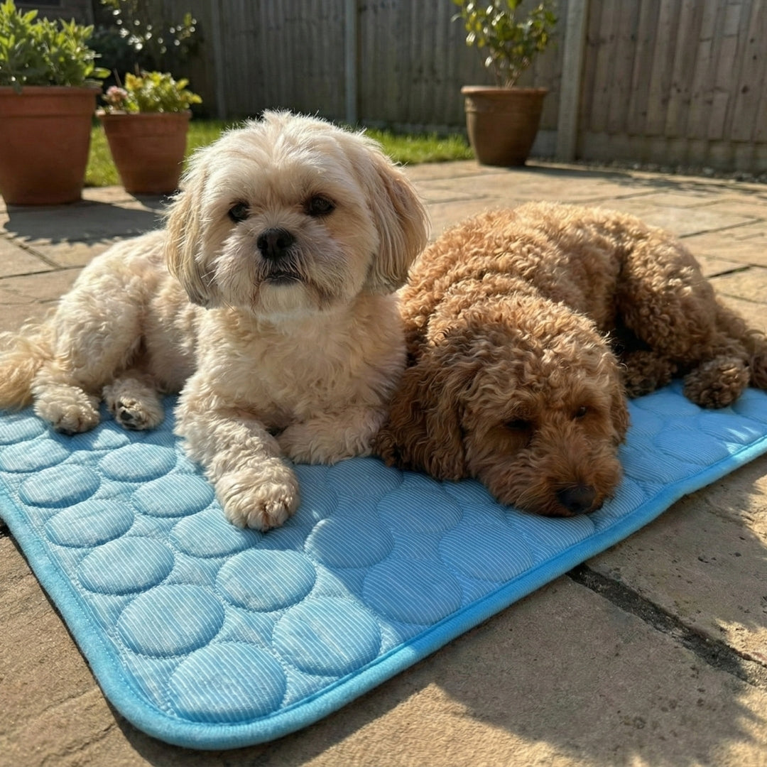 Two small dogs lying on the blue Chillapet cooling mat on the patio