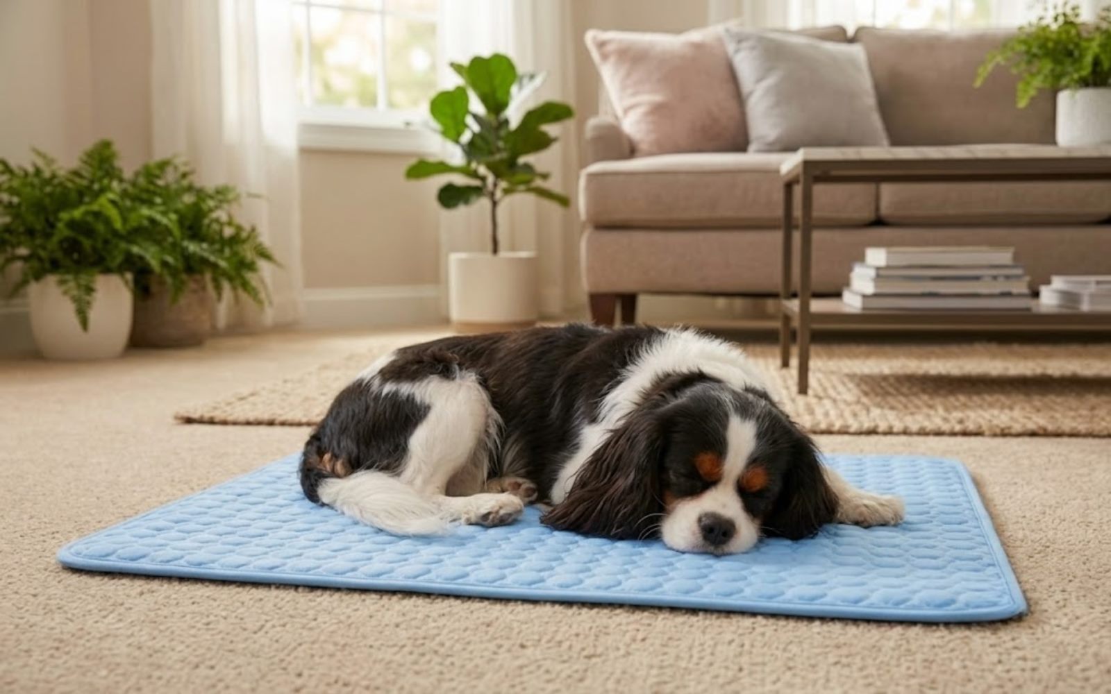 Cavalier spaniel sleeping on the Chillapet cooling mat in the living room