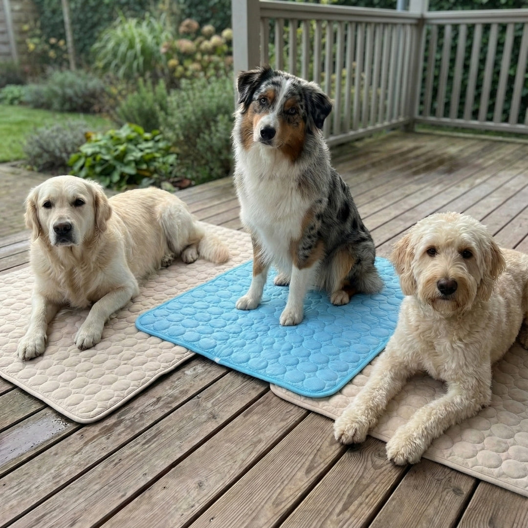 Three dogs resting on Chillapet cooling mats on the porch